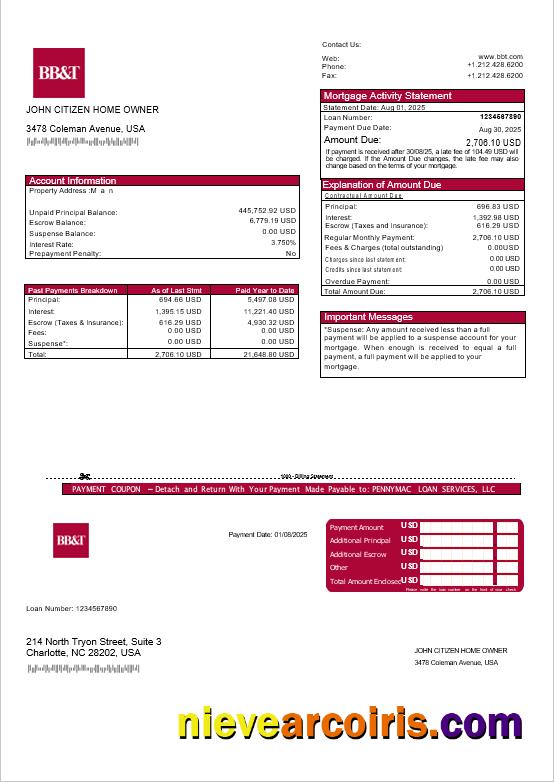 USA Washington BB&T bank mortgage statement